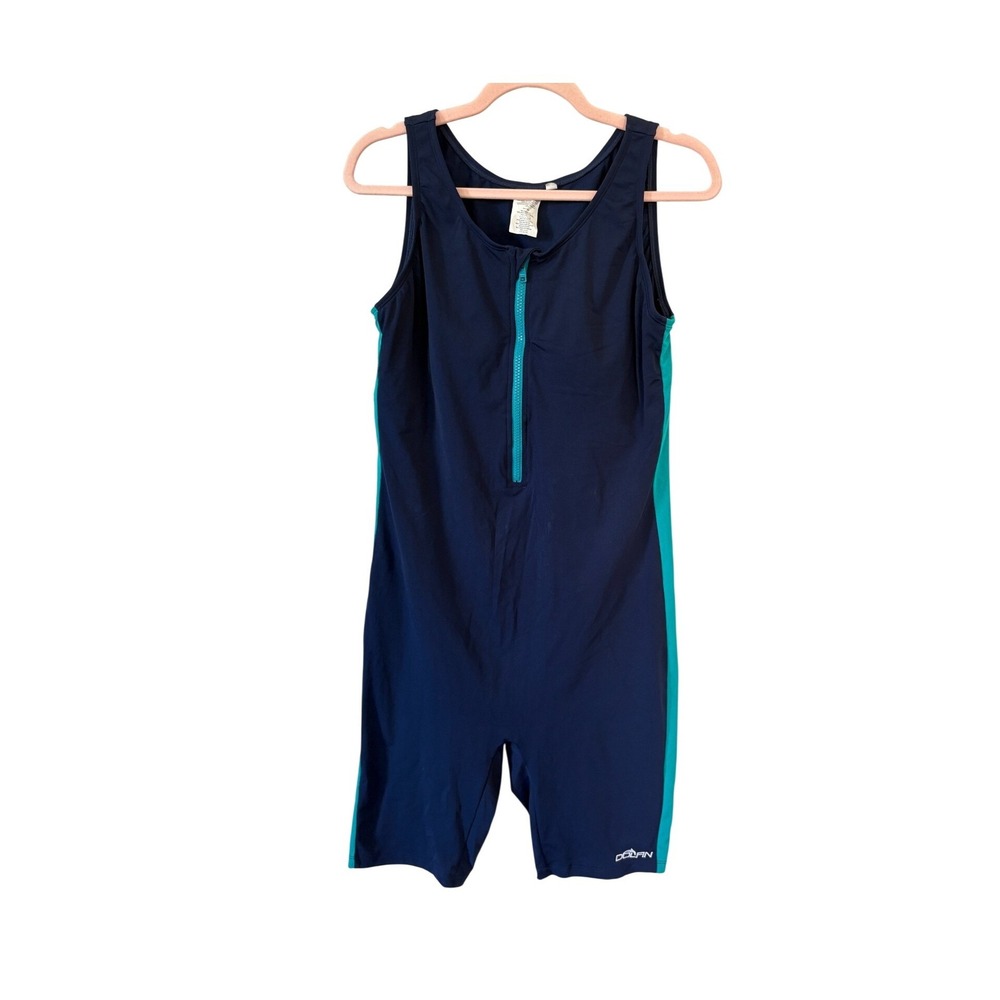 Dolfin Navy Blue & Teal Aquashape Swim Suit One Piece Short Leg Zip Front Womens